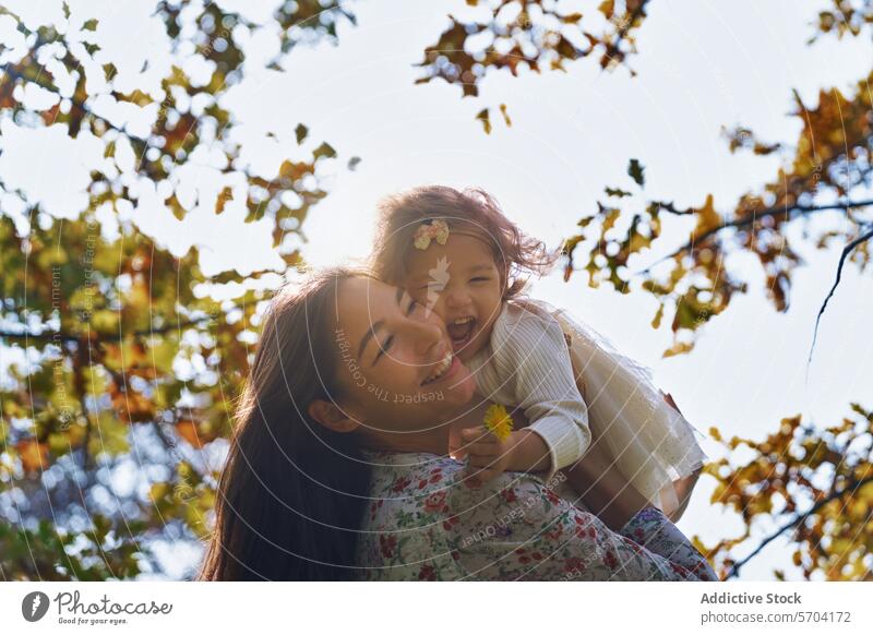 Low angle pf joyful ethnic mother and daughter in sunny park california usa love autumn leaves sunlit happiness family bonding cheerful nature playful outdoors