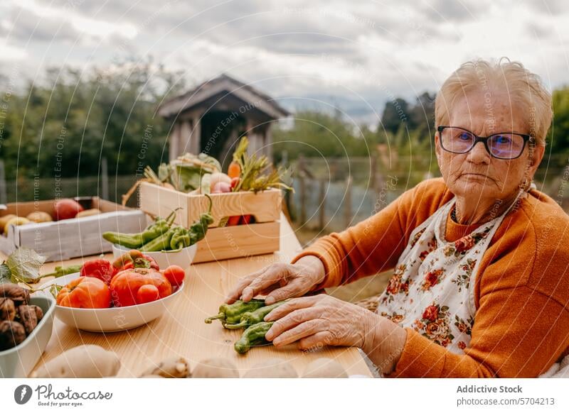 Elderly woman sorting vegetables at a rustic table elderly glasses senior fresh green bean outdoor wooden crate background healthy lifestyle farm harvest