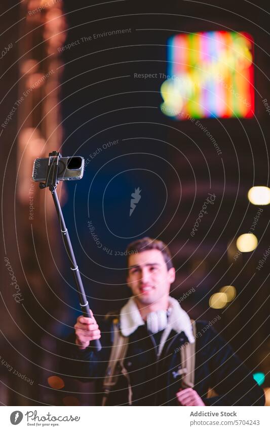 Young man capturing moments using a smartphone on a selfie stick with colorful city lights in the background night urban vlogging technology mobile device