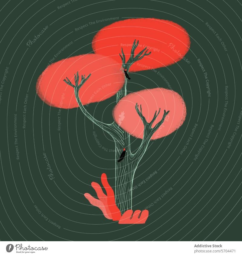 Surreal pink foliaged tree with branch hand transformation. Generative AI image surreal art illustration conceptual digital art fantasy nature abstract design