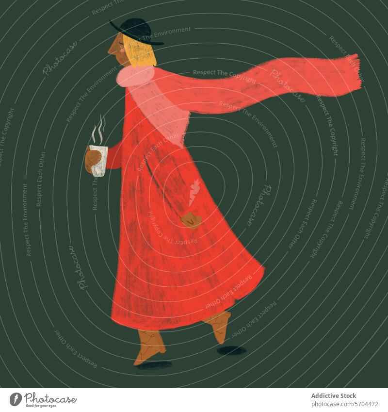Stylized person in red coat with coffee on a chilly day. Generative AI image illustration steam warmth cold stylized vibrant hat walking fashion winter cozy