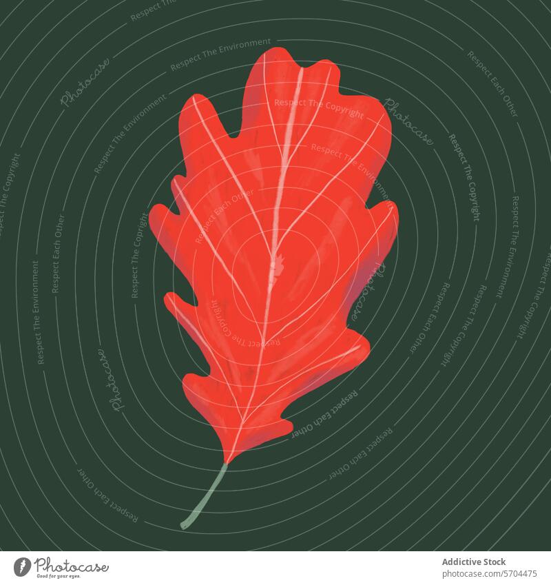 Vibrant red oak leaf illustration on dark background. Generative AI image vibrant nature art drawing botanical design vivid foliage autumn flora texture detail