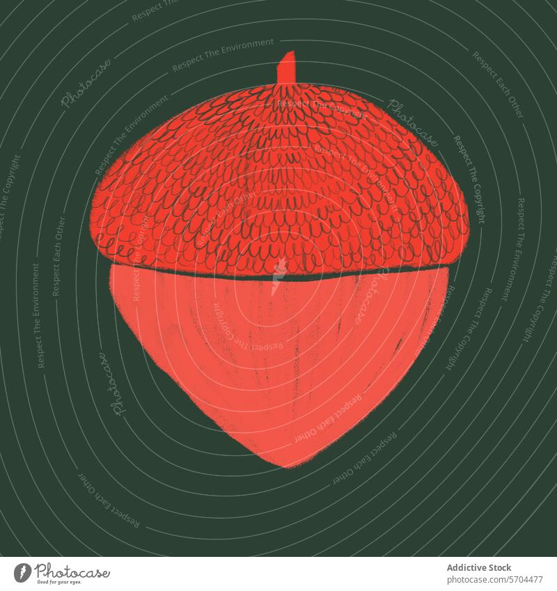 Hand-drawn red acorn illustration on dark background. Generative AI image hand-drawn texture vibrant detailed nature botanical plant seed oak autumn fall