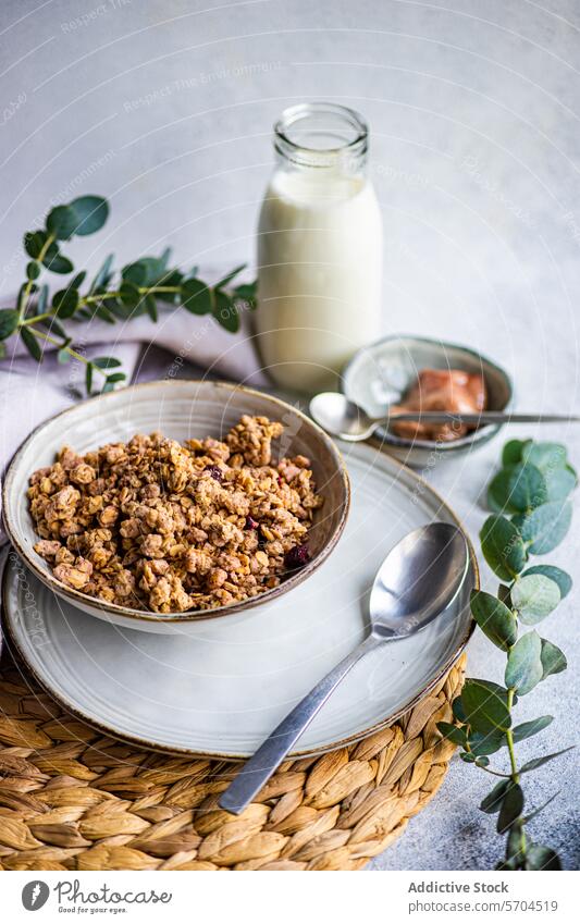 Healthy Granola Breakfast with Milk and Eucalyptus Decor granola breakfast milk eucalyptus healthy nutrition bottle glass cereal bowl white spoon silver table