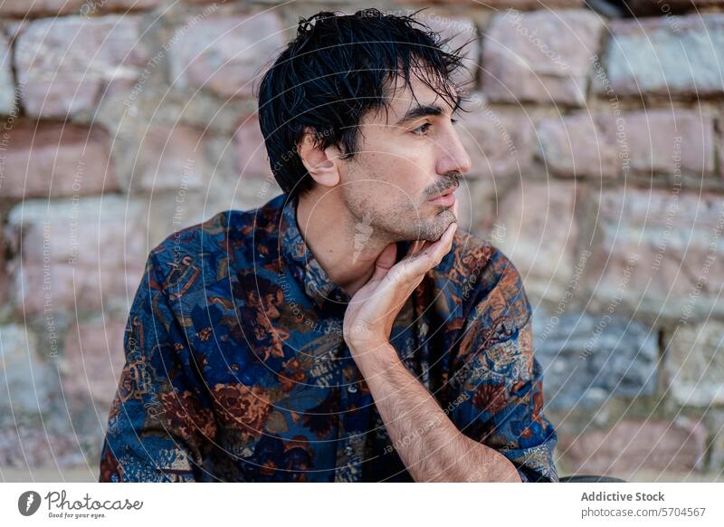 Pensive man in patterned shirt posing against stone wall pensive thoughtful contemplative hand chin textured backdrop expression individual serious fashion