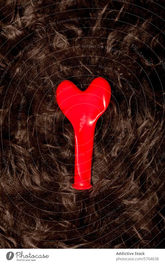 Red flat heart shaped balloon reflecting on fur festive light occasion shiny artificial saint valentine day event decoration bright red vivid glow design