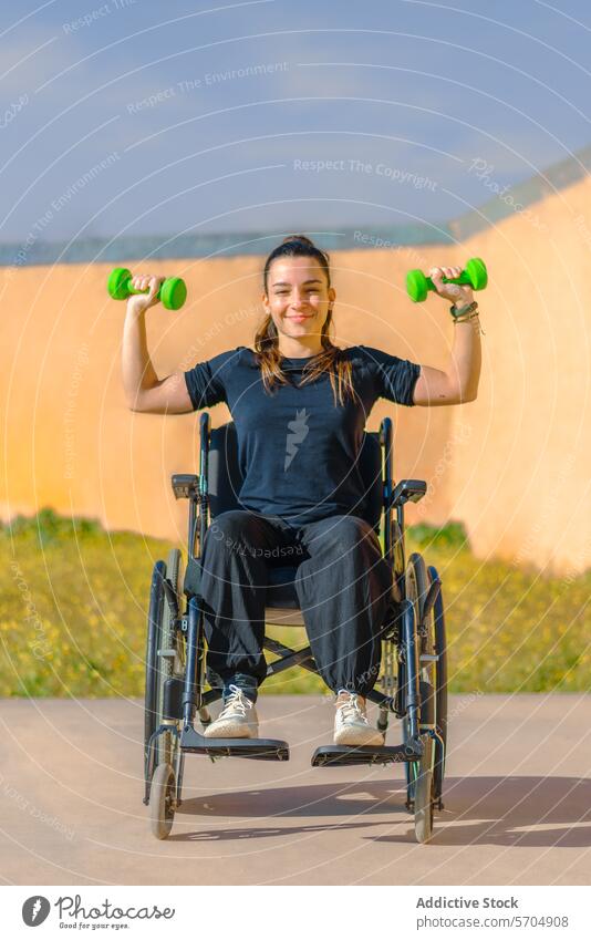 A young woman in a wheelchair lifts green dumbbells outdoors with a focused expression, promoting fitness and strength exercise training health active lifestyle