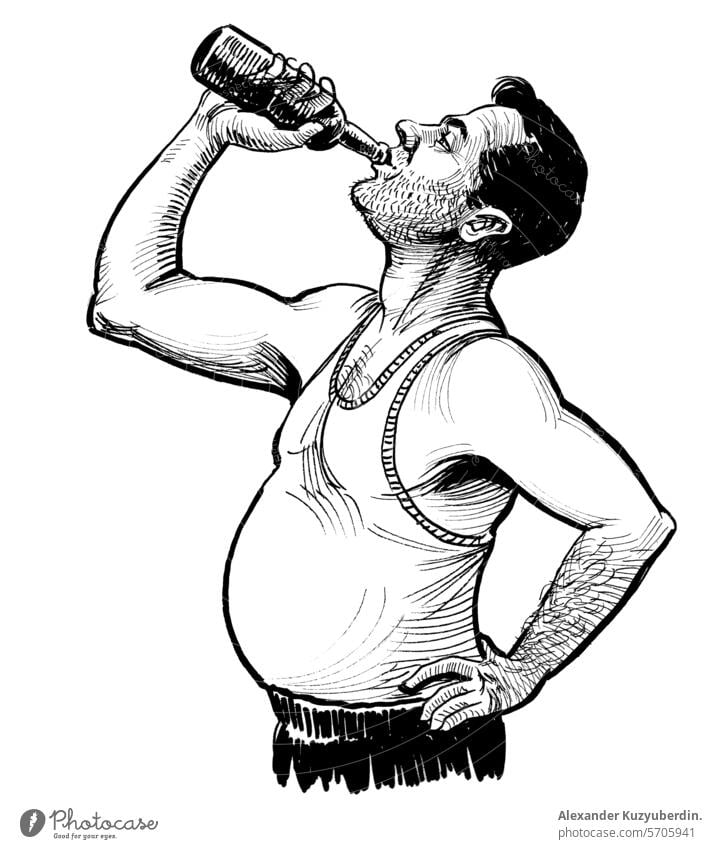 Alcoholic man drinking a bottle of wine. Hand drawn retro styled ink black and white drawing alcoholic alcoholism beer male person fat drunk intoxication
