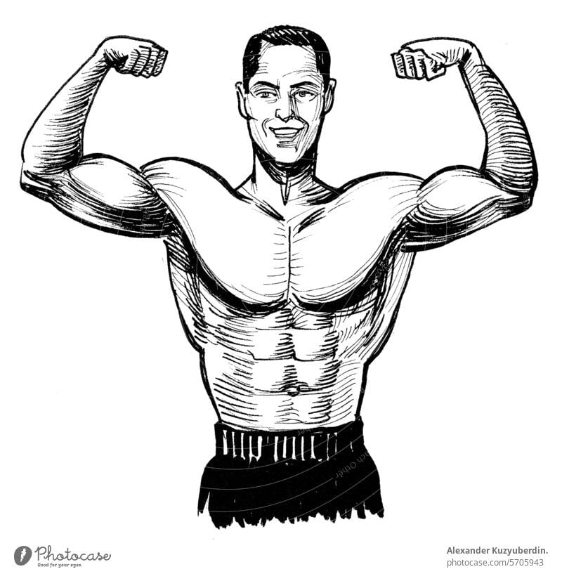 Strong Man flexing biceps. Hand drawn retro styled ink black and white drawing muscle muscled sport sportsman bodybuilder male character person gym fitness art