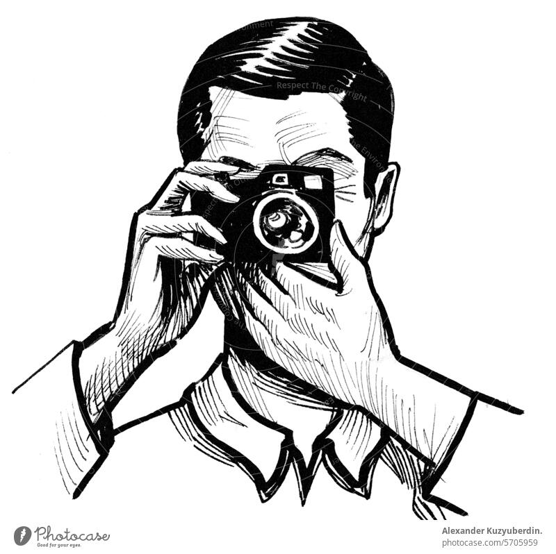 Man taking photo with vintage analog camera. Hand drawn retro styled black and white drawing photographer film man professional lens art artwork sketch cartoon