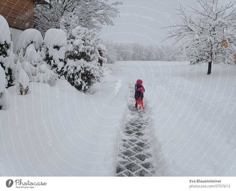 Child with shovel standing on cleared path in the snow Snow Snow shovel Winter Snowstorm Shovel Snowfall White Cold snow-covered