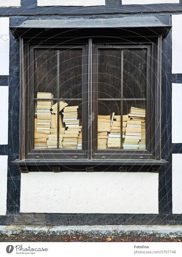 There are lots of books in the window of an old half-timbered house. I'm sure they've all been read. Just not by me, they're not my books. Window Building