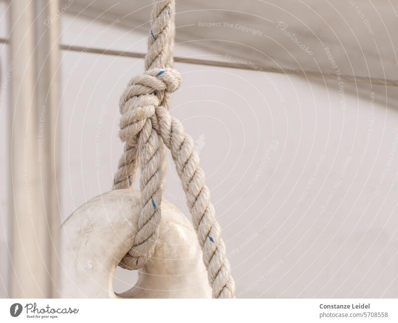 Knots in the rope on the sailboat Close-up Subdued colour Fastening Detail Exterior shot tucked knotting Deserted Harbour Maritime fix Weathered Navigation Rope