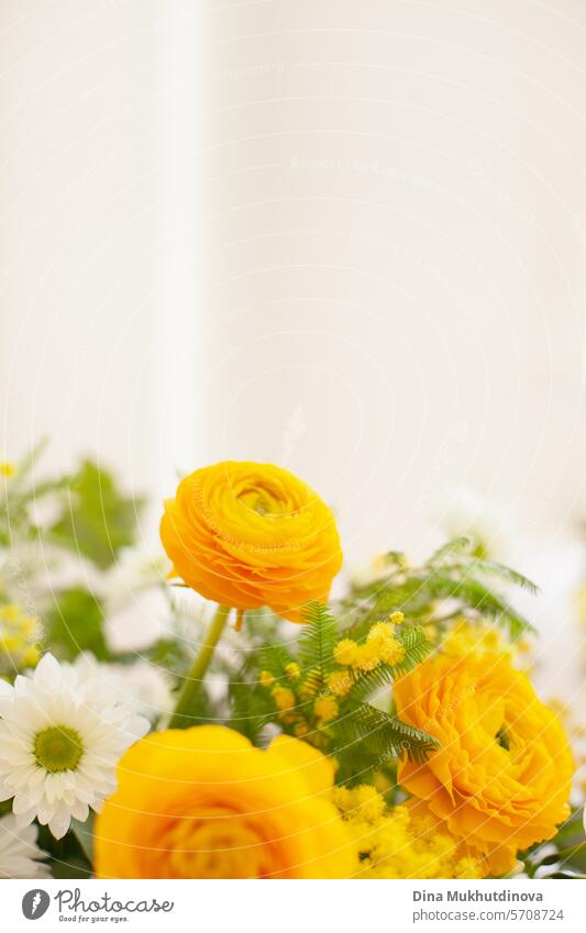 beautiful minimal bouquet with yellow ranunculus and mimosa spring flowers copy space top. Fresh elegant home decor. Florist work. salon vase florist floristry