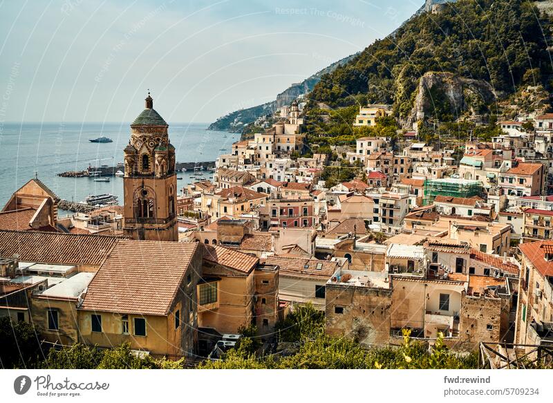 Panoramic view over Amalfi Amalfi Coast Tourism vacation City trip Vacation & Travel Italy coast Summer Landscape Bay Summer vacation Ocean Panorama (View)