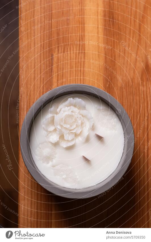 Homemade scented candle wax wick table handmade interior relax home decor comfort wooden design aroma paraffin macro organic light care aromatic beeswax white