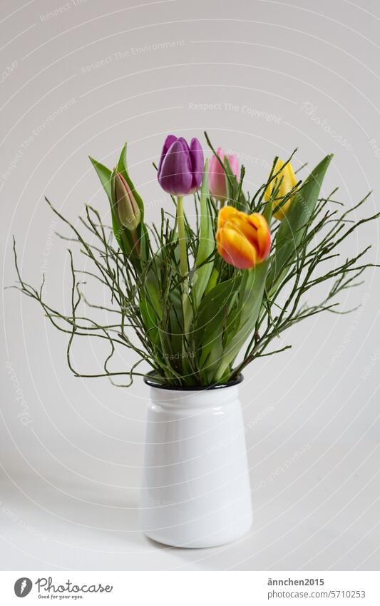 A colorful bouquet of tulips in a vase stands on a table in front of a white wall Tulip Spring Flower Blossom Tulip blossom Bouquet Green Decoration Plant