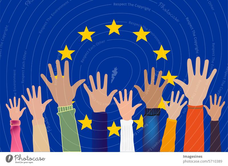 EUROPAWAHL 2024. Wahlalter ab 16. Jugendliche heben die Hände. Europaflaggen - Hintergrund mit Sternen. Illustration Menschen abstrakt Kunst Banner Zeichen