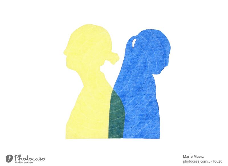 Two female silhouettes looking in opposite directions Argument women Mother Daughter Silhouette Abstract white background Human being Emotions Contrast