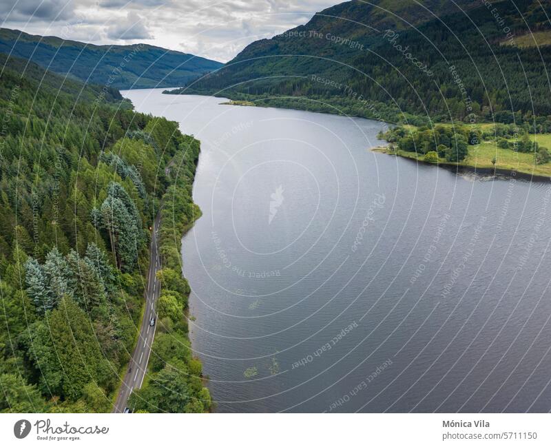 Aerial view of Loch Lubnaig from Runacraig, Callander. Scotland highlands. aerial view lake road Landscape Nature Mountain Clouds Exterior shot Colour photo