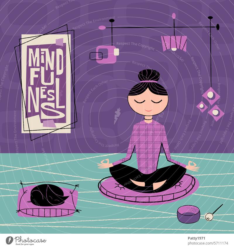 Young woman dark-haired woman with cat meditating in lotus position. Retro illustration in the style of the 50s, 60s Woman Meditation Yoga Lotus Position