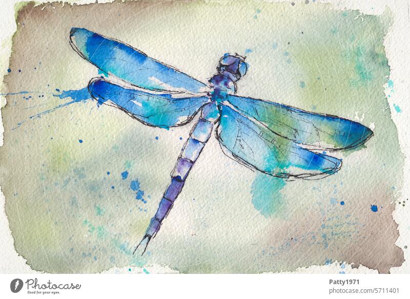 Dragonfly. Abstract watercolor painting Watercolors Watercolours Art Insect Creativity Painting (action, artwork) Leisure and hobbies Colour Blue paint splashes
