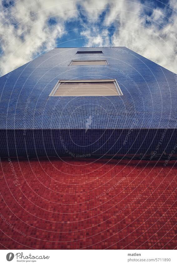 façade Facade Red Blue tiles Window Sky Clouds Architecture Exterior shot Town Wall (building) High-rise
