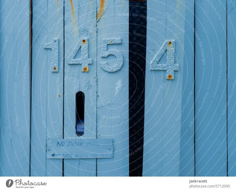 145/4 number House number Fence Blue Retro Weathered Layer of paint Design Authentic Style Neutral Background Detail English Australia Typography Word Rust