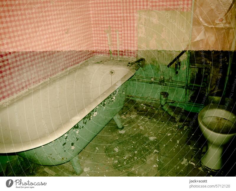 Lost Land Love II ready-made bathroom Bathroom Bathtub Toilet lost places Dirty Double exposure Old green/red Broken Decline Ravages of time Ruin