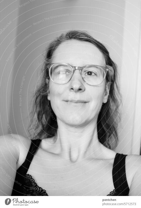 woman with glasses and a friendly, confident look. black and white portrait Woman Self-portrait Eyeglasses Looking Trust kind Self-confidence Face Adults