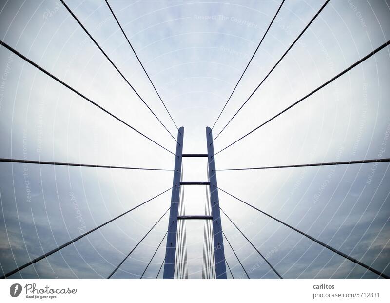 Vanishing point | Rügen Bridge with open arms Central perspective Wire cable Pylon bridge of reprimands Perspective Back-light Sky Manmade structures