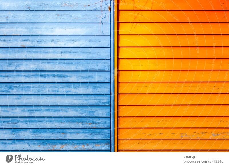Partly partly Blue Orange Wooden wall Line Background picture Divided Contrast Colour Structures and shapes Varnish fifty-fifty Half
