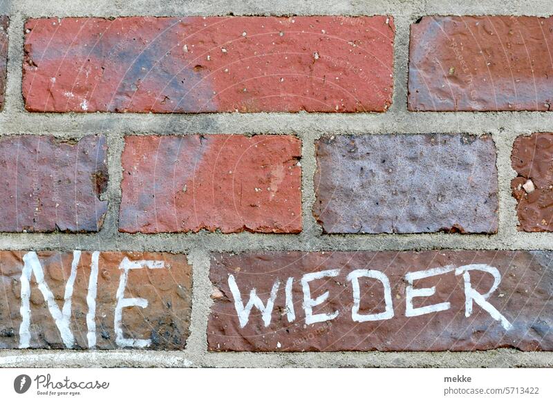 Never again on a solid firewall Wall (barrier) clinker never again Colour authored Graffiti Brick writing Wall (building) Facade White