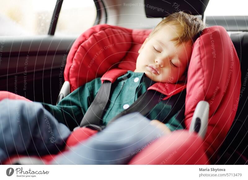 Cute toddler boy sleeping in car seat. Portrait of pretty little child during family road trip. Safety transportation of baby by car chair safety belt relax