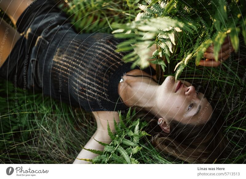 Between these ferns and green nature in general, a gorgeous brunette girl lies on the ground peacefully. It's a slightly moody and sensual image of a pretty young woman in the wild. It's almost springtime, and everything is on the brink of resurrection.