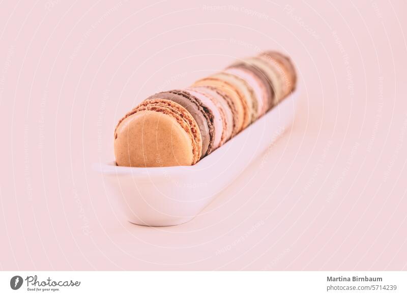 Brown and orange french macaroons on a plain pastel colored background chocolate colorful sugar sweet tasty biscuit copy spcae coffee dessert pastry macaron