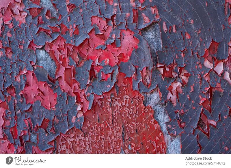 Macro photograph showcasing the detailed texture of cracked and peeling red paint on a metal surface macro close-up decay flaking aged distressed pattern