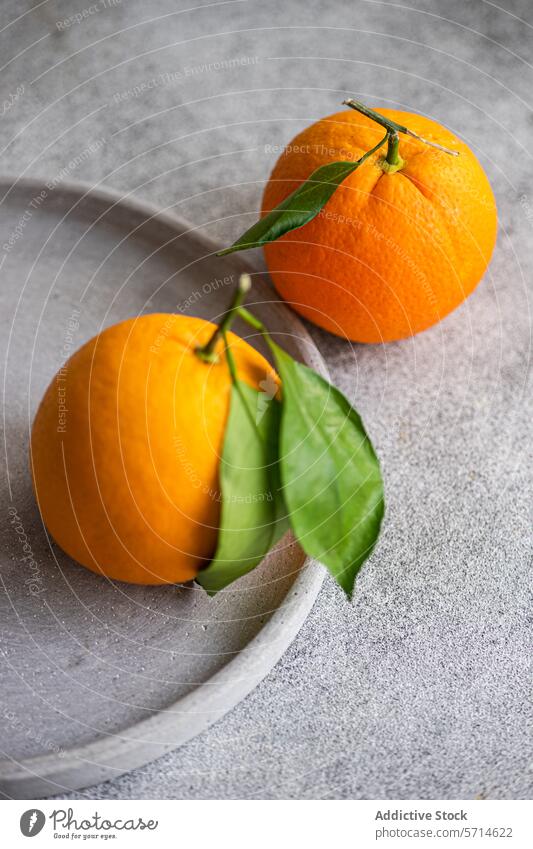 Close-up of two ripe oranges with stems and a green leaf on a textured grey plate, with a soft-focus background Orange fruit close-up citrus fresh healthy