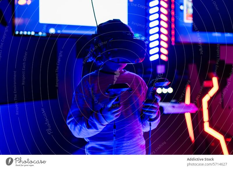 Anonymous kid in a virtual reality headset with handheld controllers immersed in a game at a vibrant arcade with neon lights Virtual reality gaming immersion