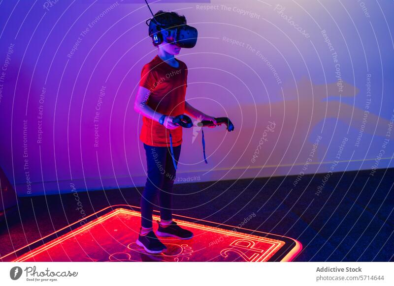 Anonymous kid engaged in a virtual reality simulation, standing on a neon-glowing interactive platform Virtual reality person VR headset controller gaming
