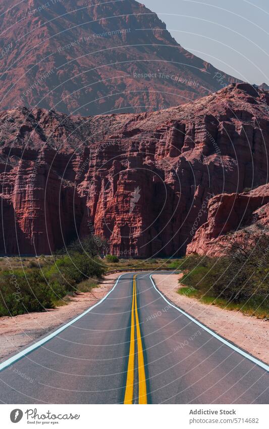 Winding road leading through the striking red rock formations of Los Castillos in the desert landscape of northern Argentina, with a clear blue sky overhead