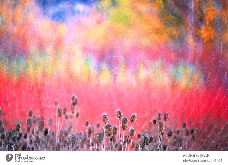 Autumnal Pictorialism Landscape with Trees and Thistles pictorialism art landscape painting autumn tree thistle silhouette vibrant color blur dreamlike foliage