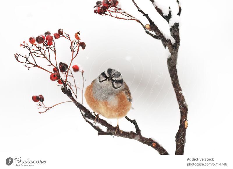 Charming bird perched on snowy branch with berries berry white background adorable striking markings sits crimson snow-covered nature wildlife charming winter