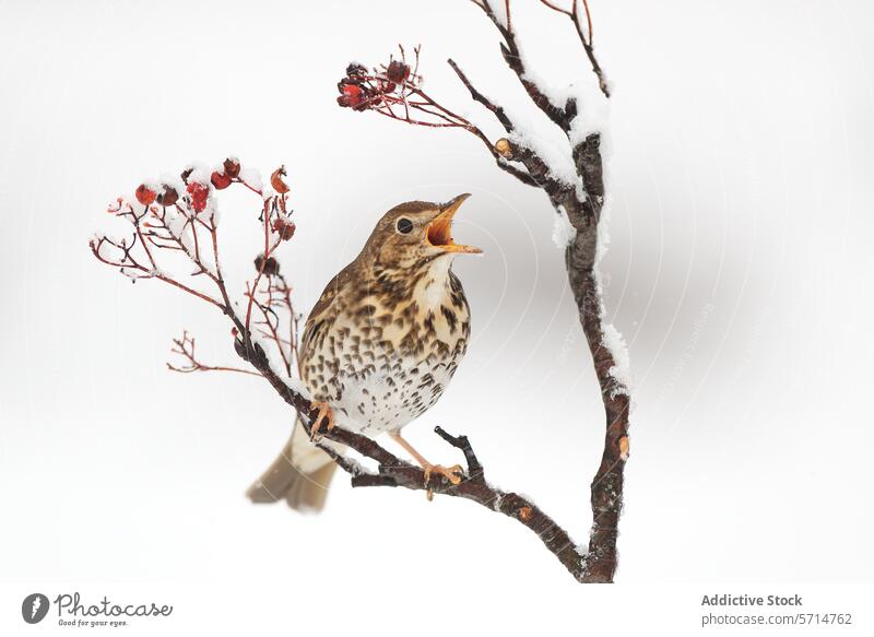 Singing bird on snow-covered branch in winter singing white backdrop perched melodious berry laden fresh dusted nature wildlife season cold frost chirping