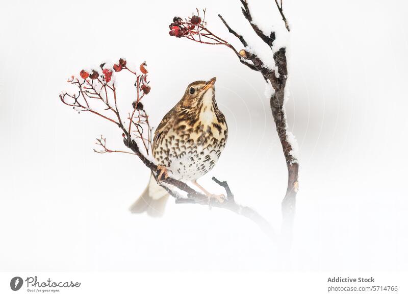 Songbird perched on snowy branch with red berries songbird berry white background nature wildlife winter vibrant speckled animal cold season natural serene
