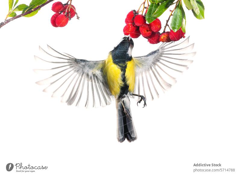 Fluttering Great Tit Reaching for Berries great tit bird wing flutter berry branch dynamic motion flying wildlife nature animal feather beak reach red colorful