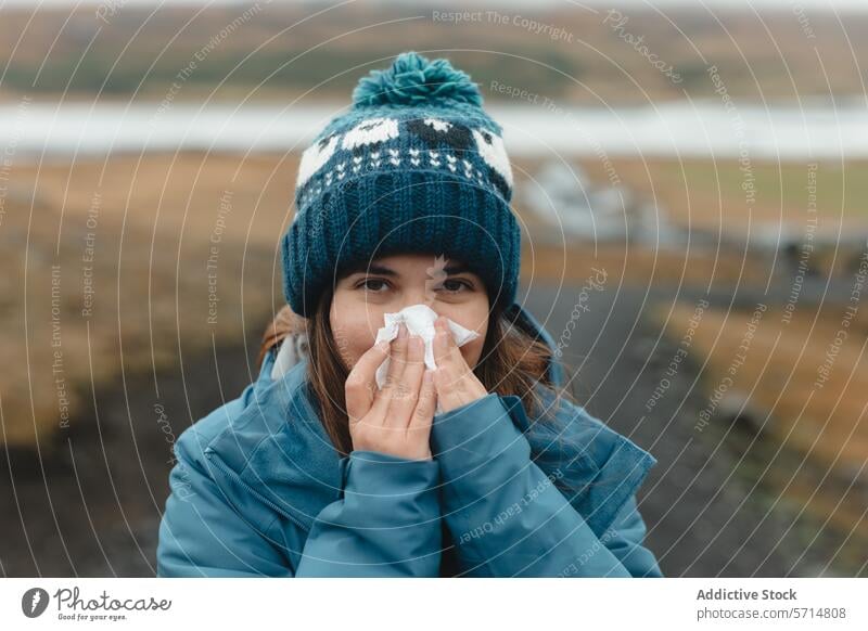 Cold weather woes: woman blows nose in Iceland iceland trip female cold outdoor wind tissue blowing health winter clothing knitted hat illness chill nature
