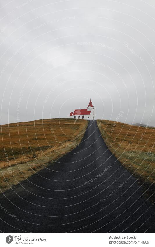 Generated image iceland trip church hill road solitary tranquil overcast sky landscape travel destination picturesque serene scenic countryside grassland nature