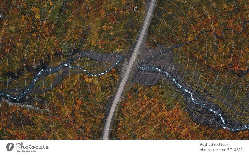 Generated image iceland aerial view landscape river road autumn scenic nature outdoors wilderness travel drone foliage orange yellow green trees season remote