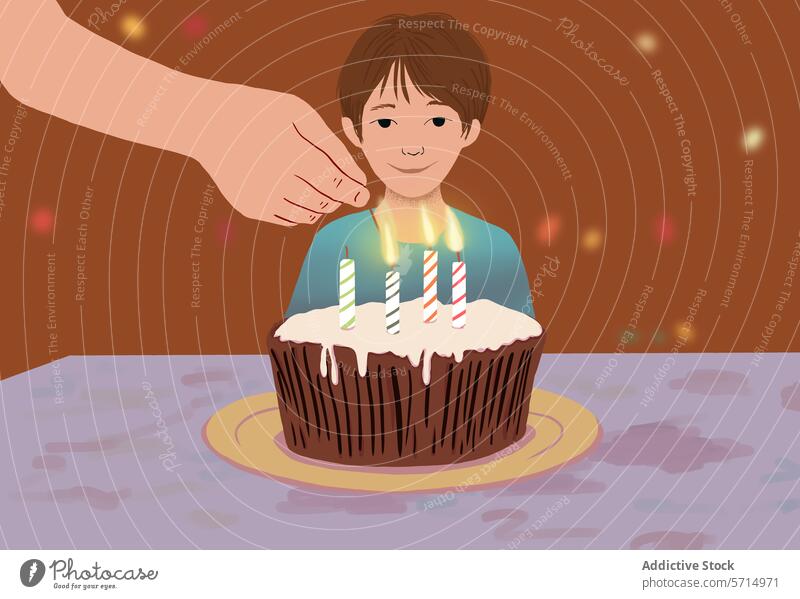 Young boy with lit birthday candles on cake celebration child happiness joy occasion party smiling young illustration lifestyle decoration festive blowing fire